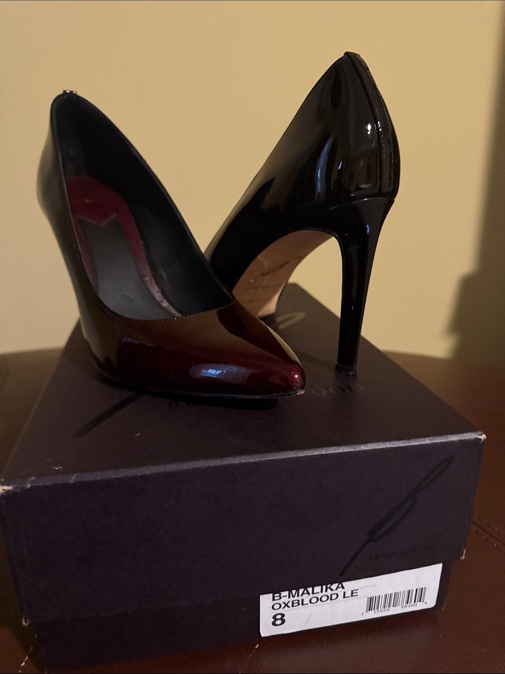 Brian Atwood Two-Tone Patent Pointed Toe Pumps in Oxblood and Black